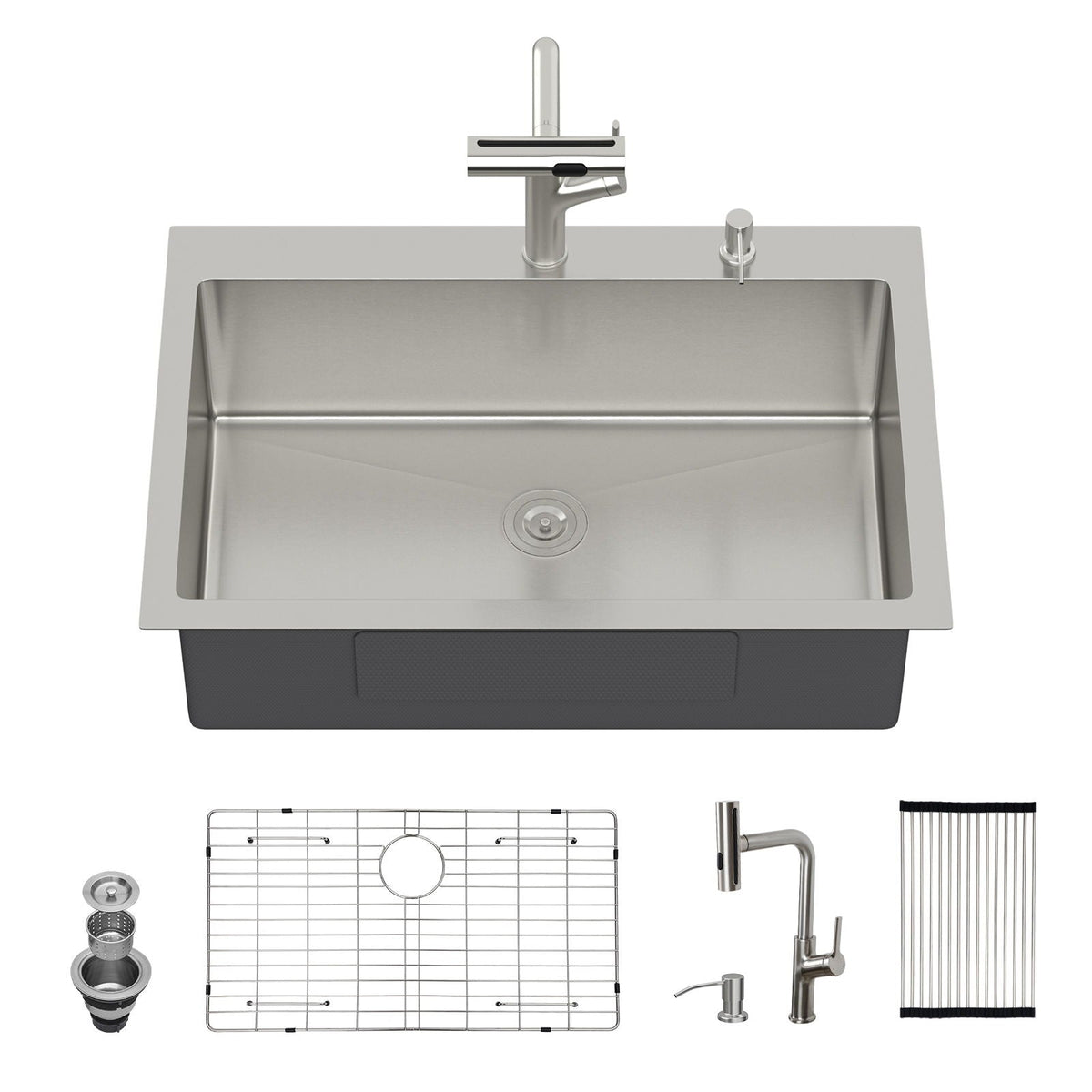 Brushed Nickel Drop-In Kitchen Sink with Pull-Out Faucet and Soap Dispenser - Gray