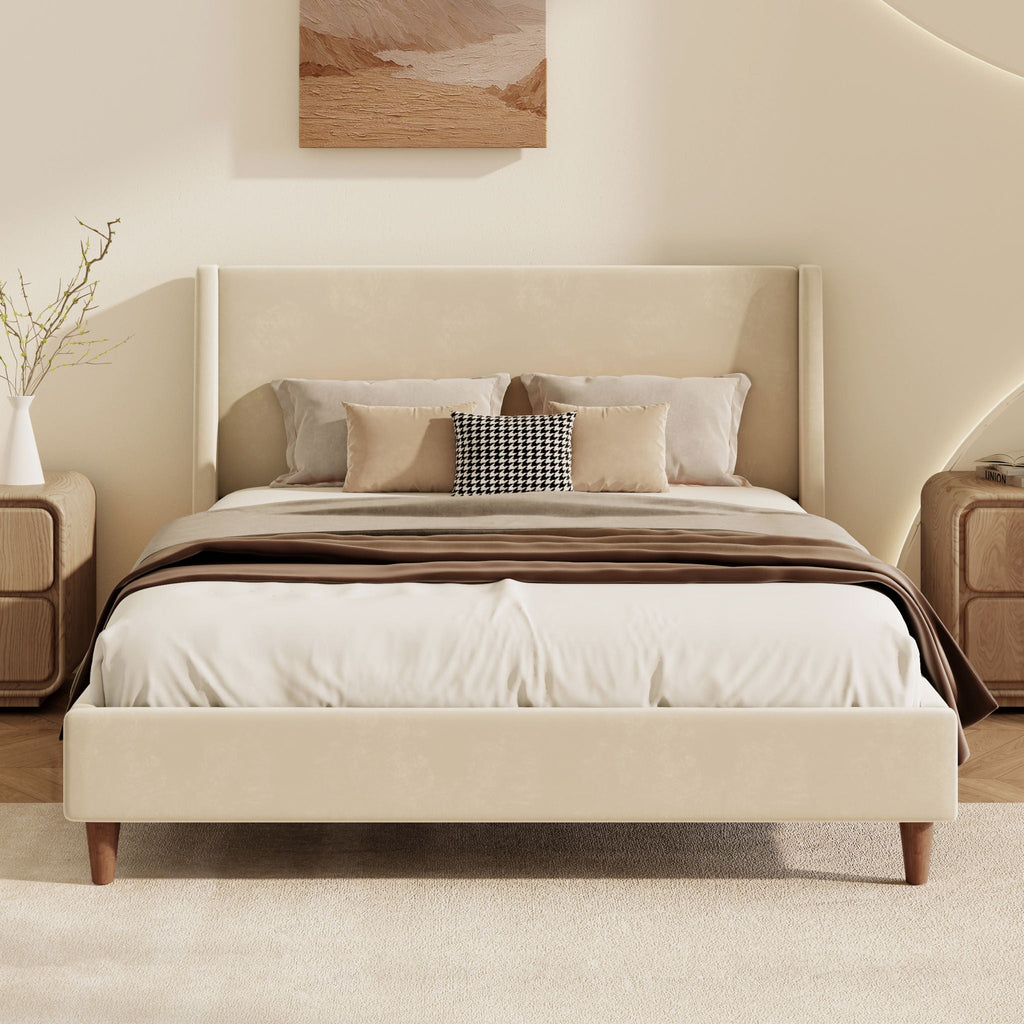 Modern Upholstered Platform Bed with Wingback Headboard – King, Beige