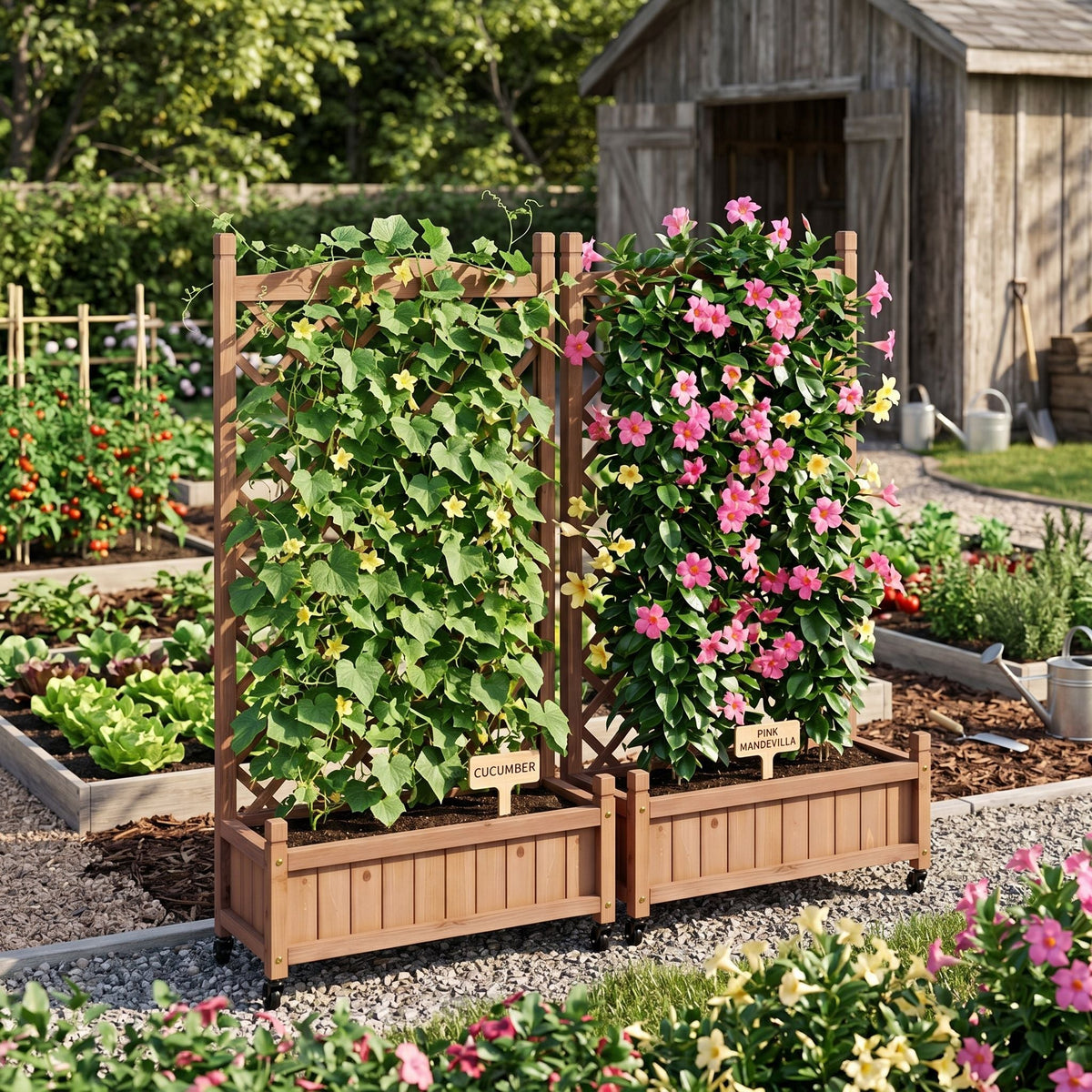 Raised Garden Bed with Trellis 2 Pack – Solid Wood Planter & Plant Stand, Brown