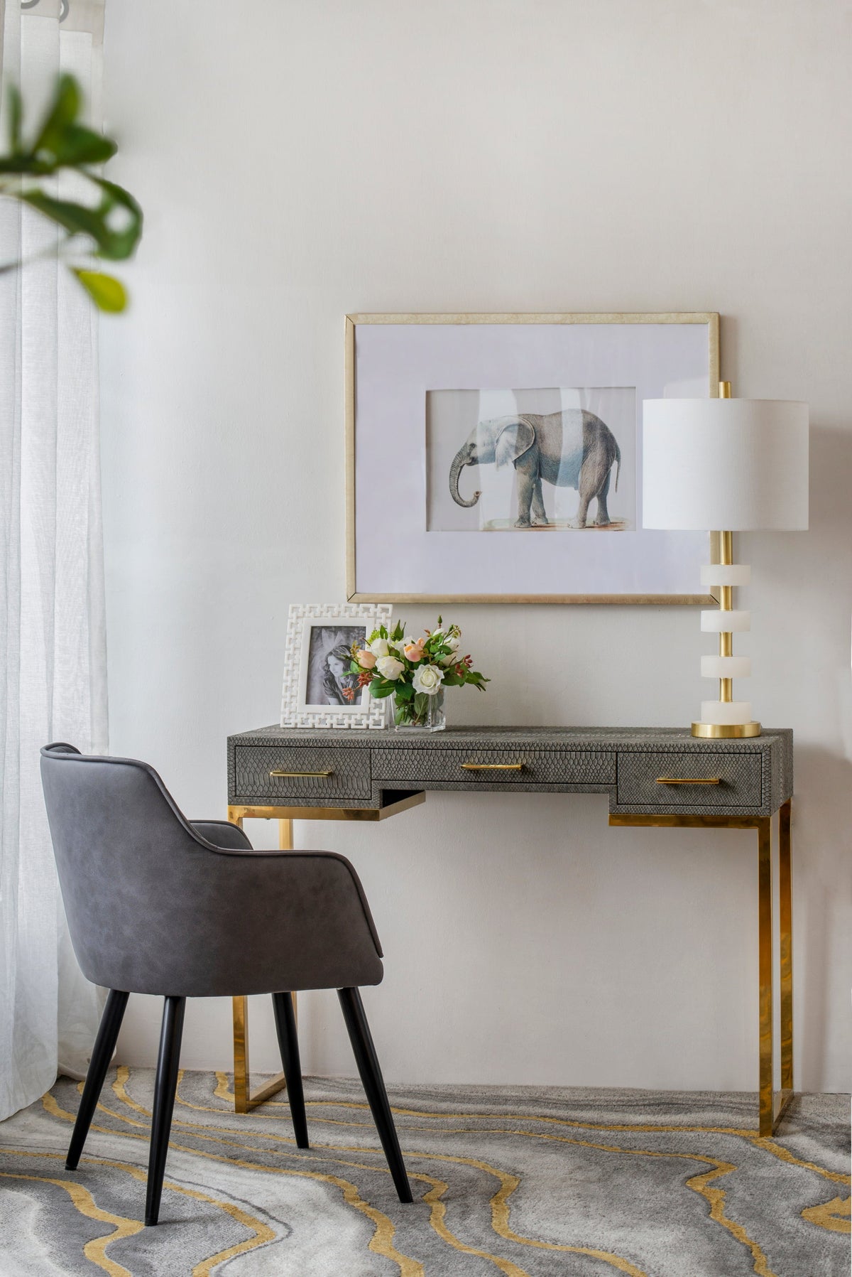 Marble Table Lamp with Brass Frame and White Fabric Shade - White + Gold