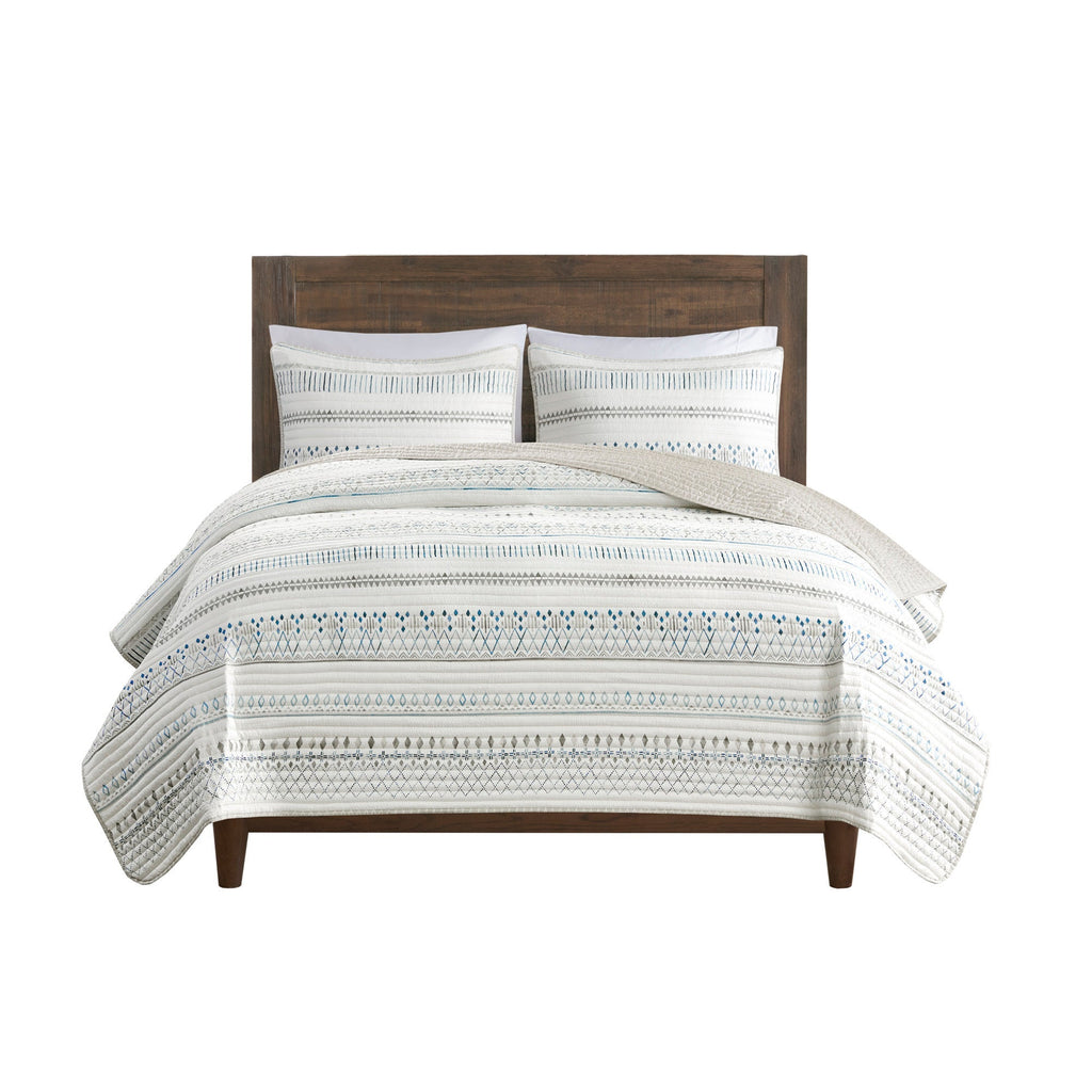 Printed Microfiber Seersucker Quilt Set with Reversible Design - Taupe/Blue
