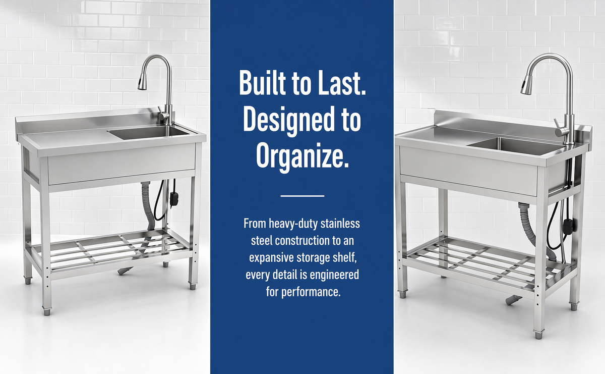 Stainless Steel Utility Sink with Large Compartment & Pull-Out Faucet - Silver