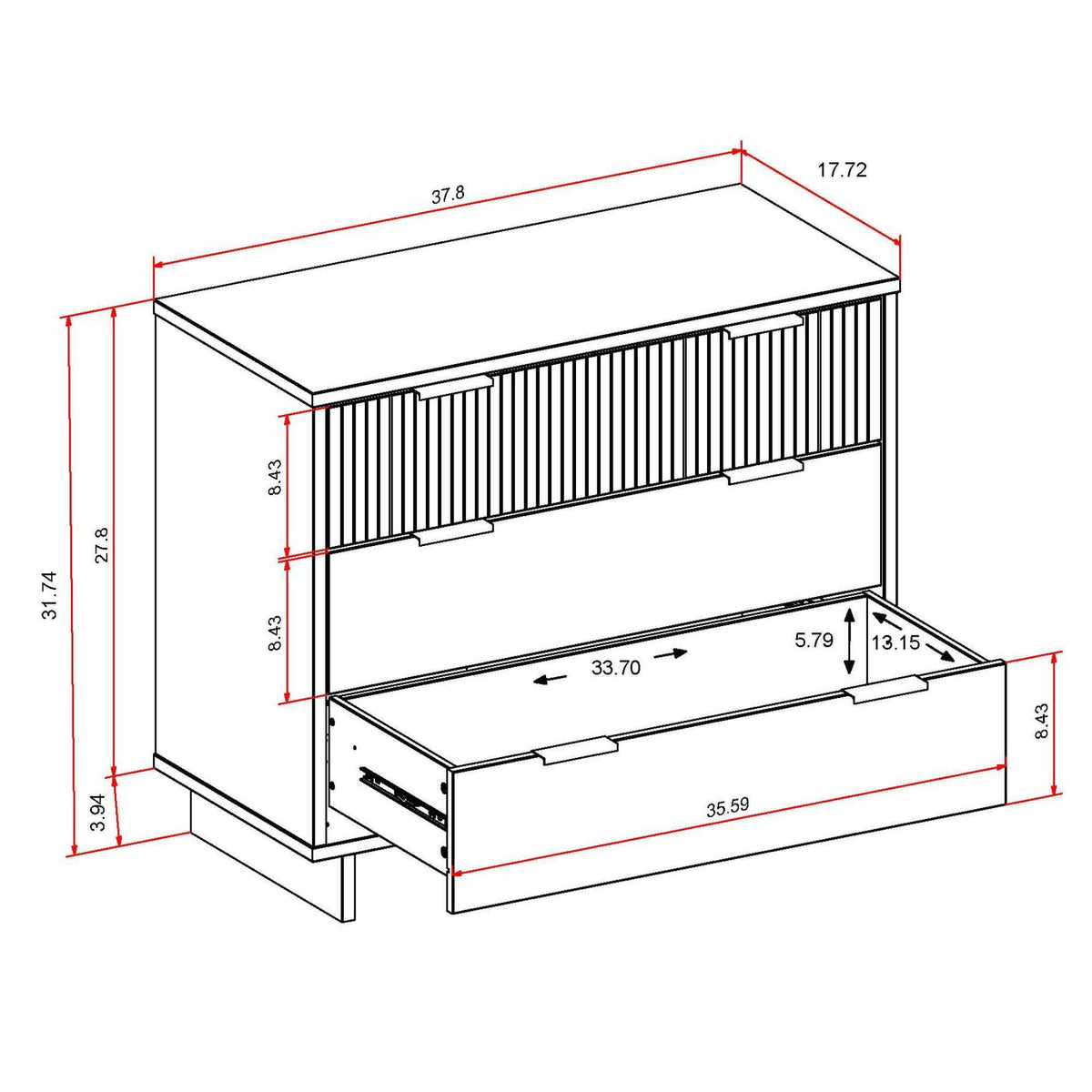 Solid Wood 3 Drawer Dresser with Ribbed Fronts - Multiple Colors