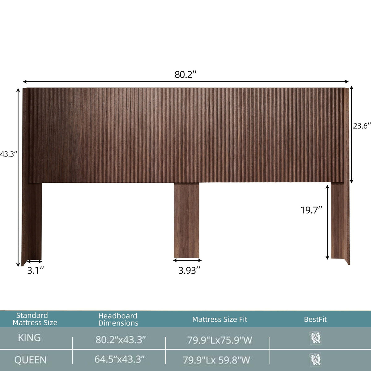 Modern Wide Wall Mounted Fluted Panel Headboard with Fluted Design - Dark Brown or Light Brown
