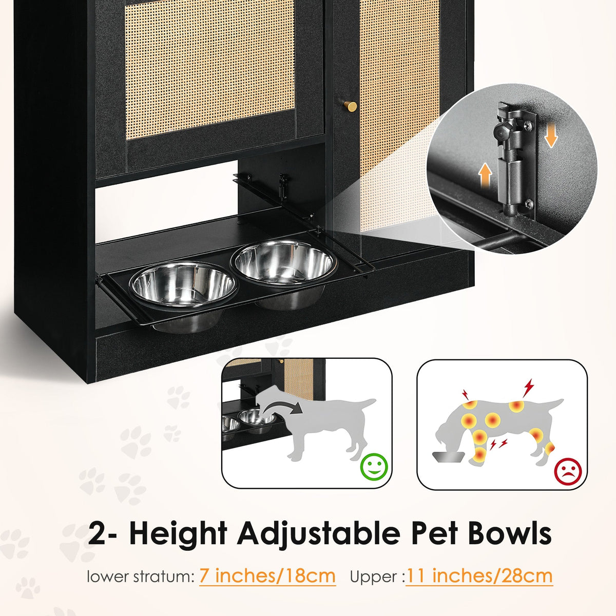 Feeding Station with 2 Lockers and Elevated Bowls - Black