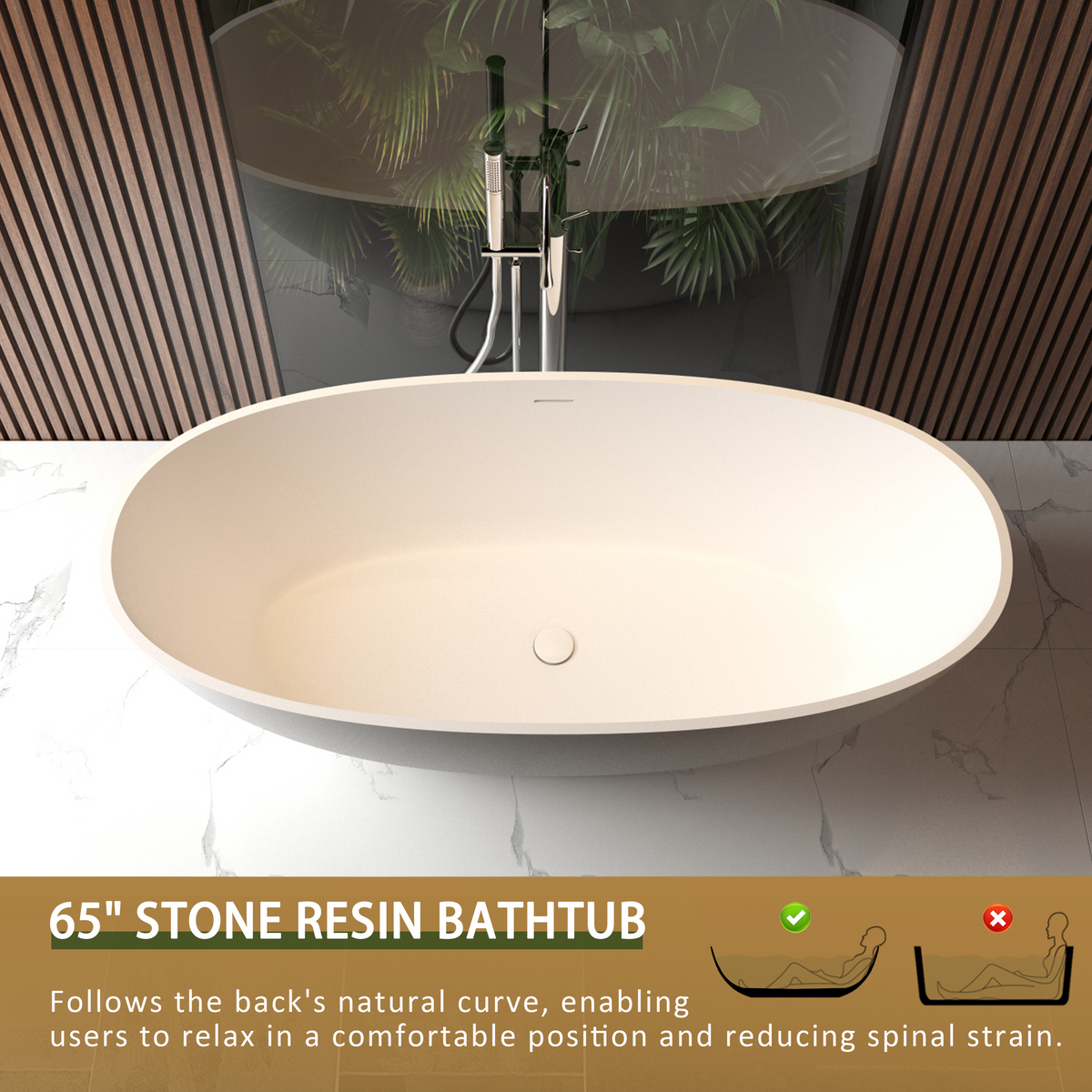 65" Freestanding Solid Surface Bathtub with Pop-Up Drain - Matte White