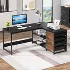 L-Shaped Computer Desk with Drawers and Shelves - Black or Dark Brown