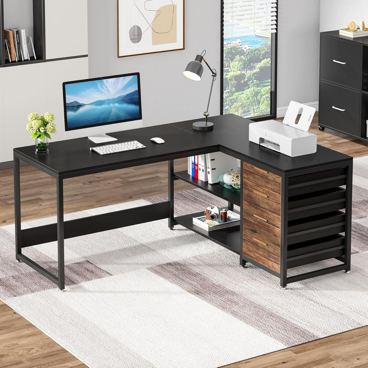 L-Shaped Computer Desk with Drawers and Shelves - Black or Dark Brown