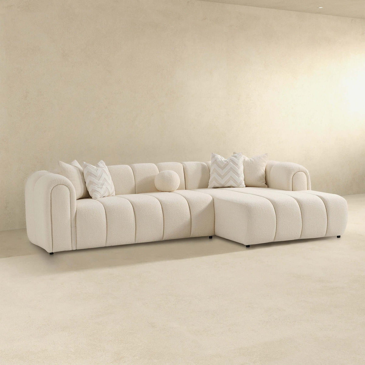 Modern Tufted Right Sectional Sofa with Toss Pillows - Ivory