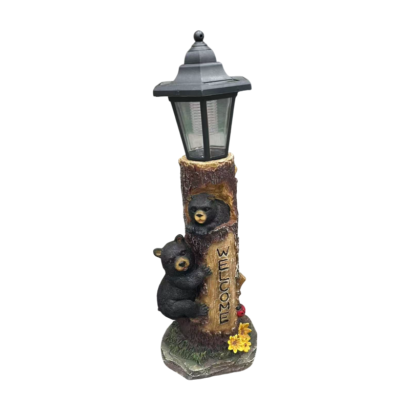 Solar-Powered Bear Welcome Statue with Hand-Painted Welcome Sign - Black