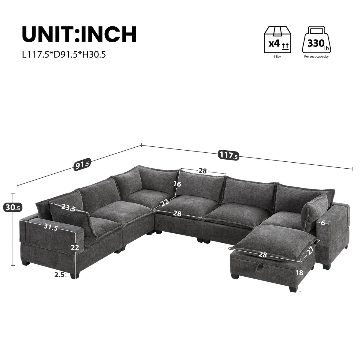 Modular Sectional Sofa with Movable Storage Ottoman - Chenille