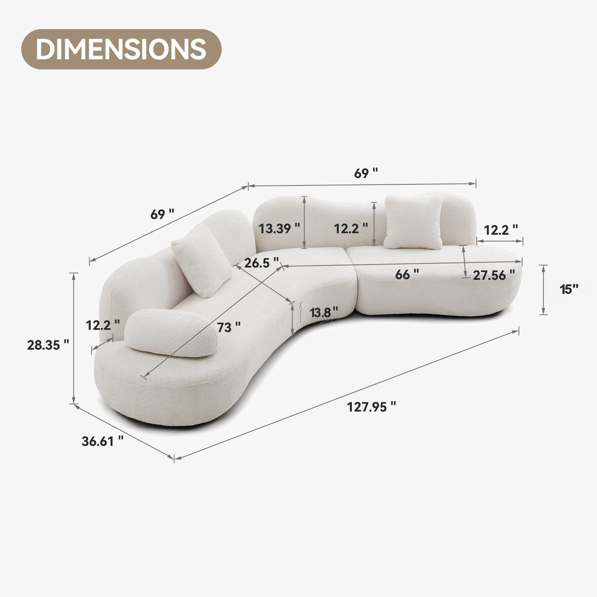 Modern Curved Modular 5 Seater Sofa with Plush Pillows - White or Beige
