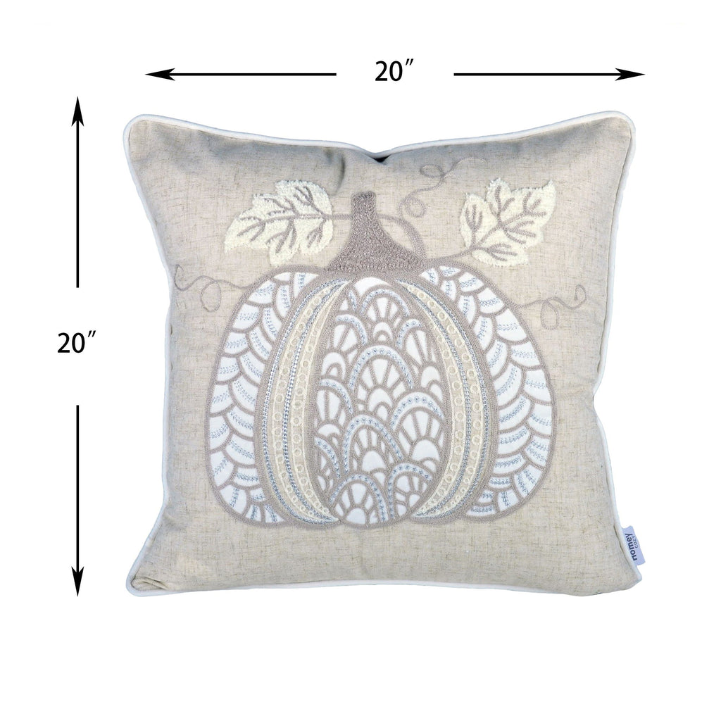 Lace Embroidered Pumpkin Throw Pillow with Linen-Blend Fabric - Natural