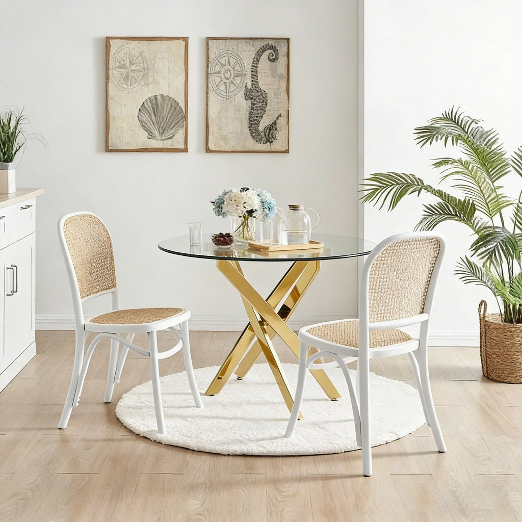 Modern Round Dining Table with Metal Frame - Pearl Silver, Gold, or White