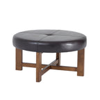 Round Leather Ottoman Coffee Table with Solid Wood Base