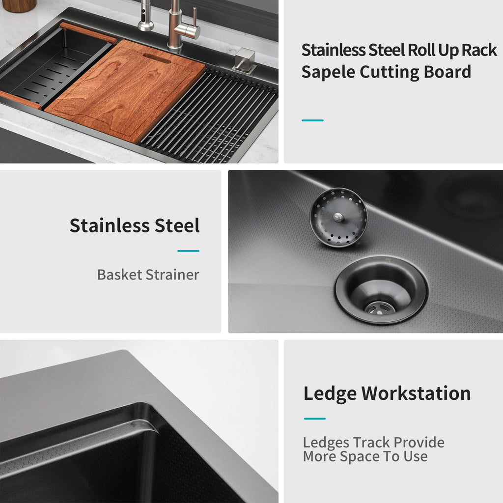 33" Drop In Kitchen Sink with Ledge Workstation - Gunmetal Black