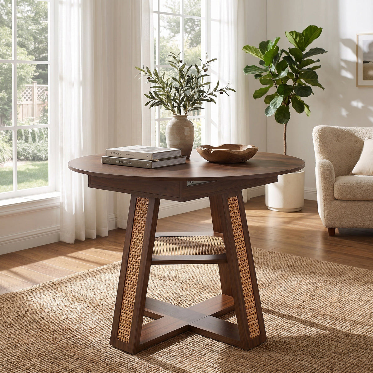 Extendable Round Dining Table for 4-6 with Storage Shelf - Particle Board