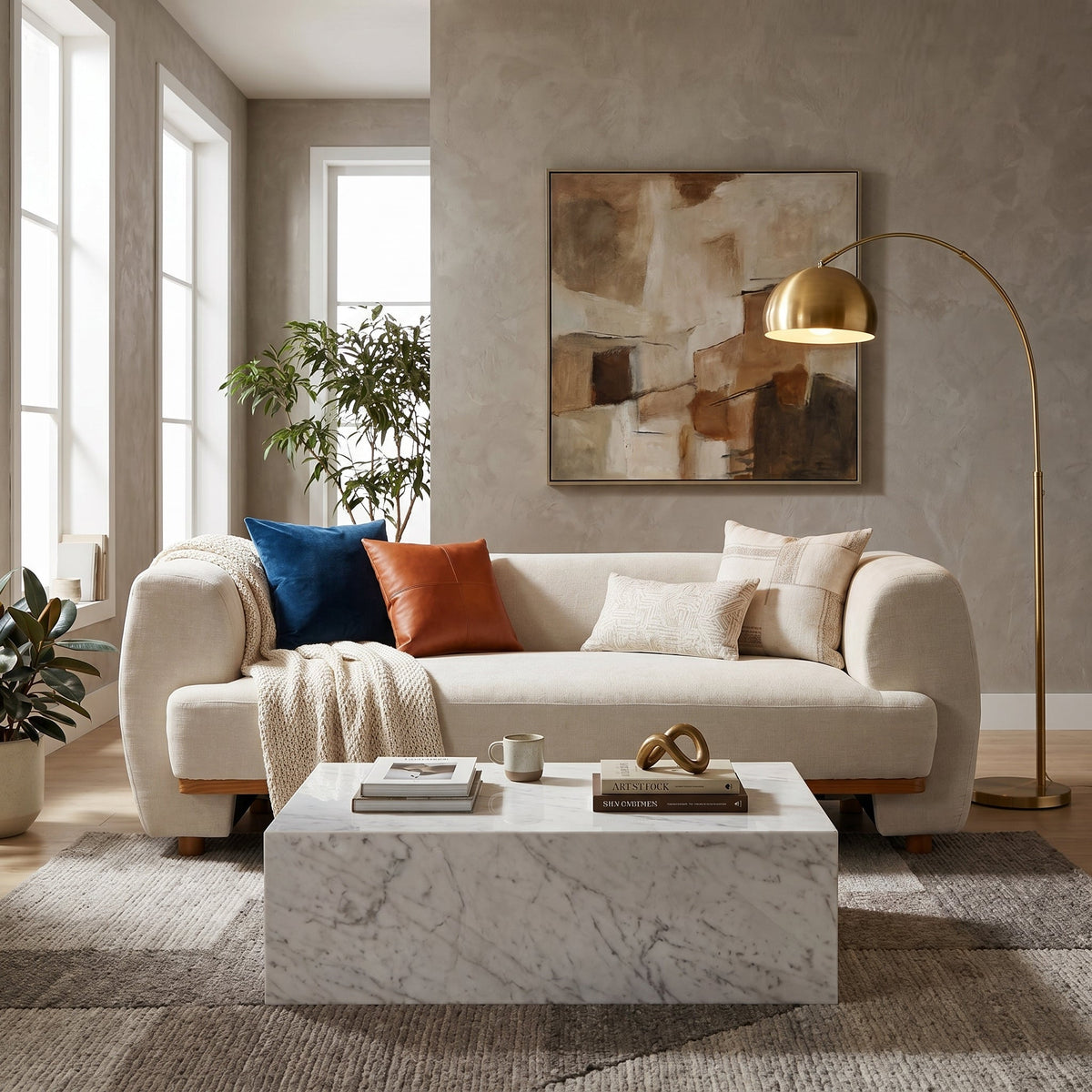79 Inch Modern Upholstered Chenille Sofa with Curved Design - Beige