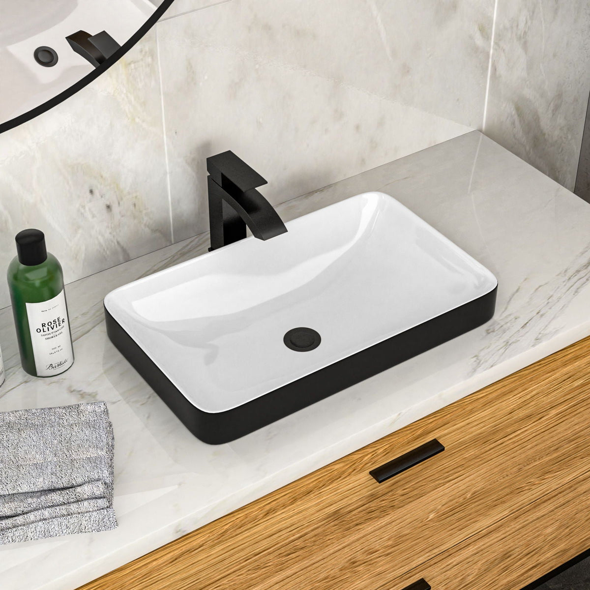 Semi Recessed Bathroom Sink with Vessel Design - Durable Glazed, White / Black