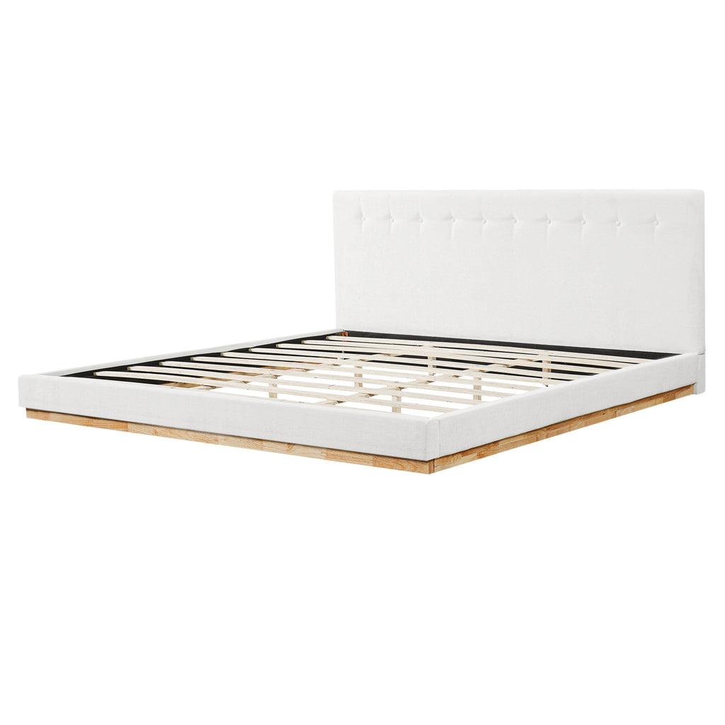 Solid Rubber Wood Platform Bed with Upholstered Headboard - White