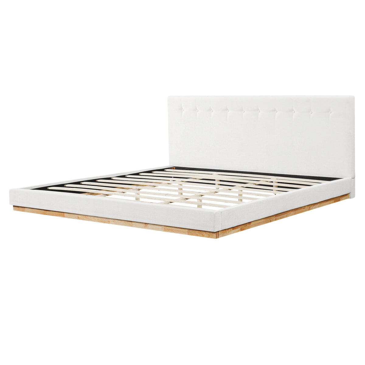 Solid Rubber Wood Platform Bed with Upholstered Headboard - White