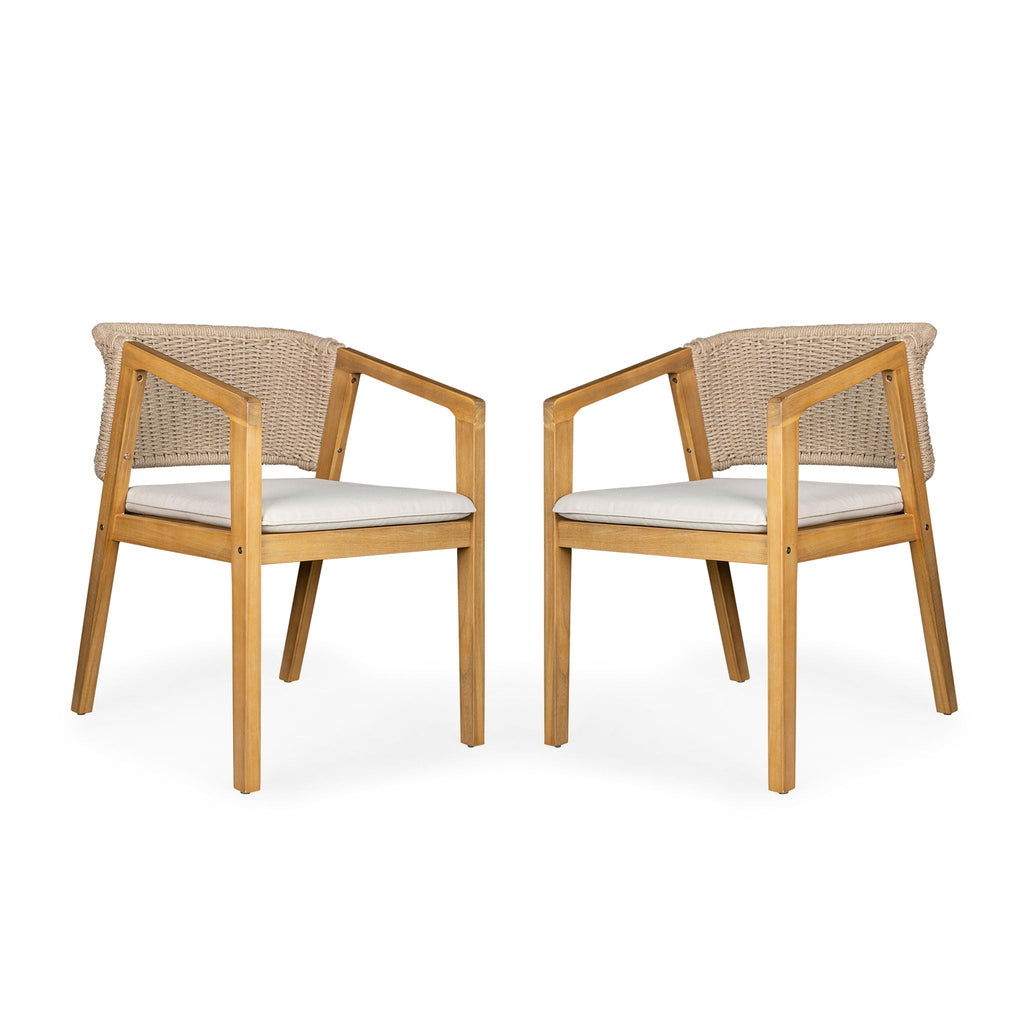 Light Teak Patio Dining Chair Set of 2 with Rope-Design Backrest - Outdoor