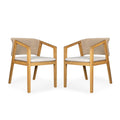 Light Teak Patio Dining Chair Set of 2 with Rope-Design Backrest - Outdoor