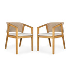 Light Teak Patio Dining Chair Set of 2 with Rope-Design Backrest - Outdoor