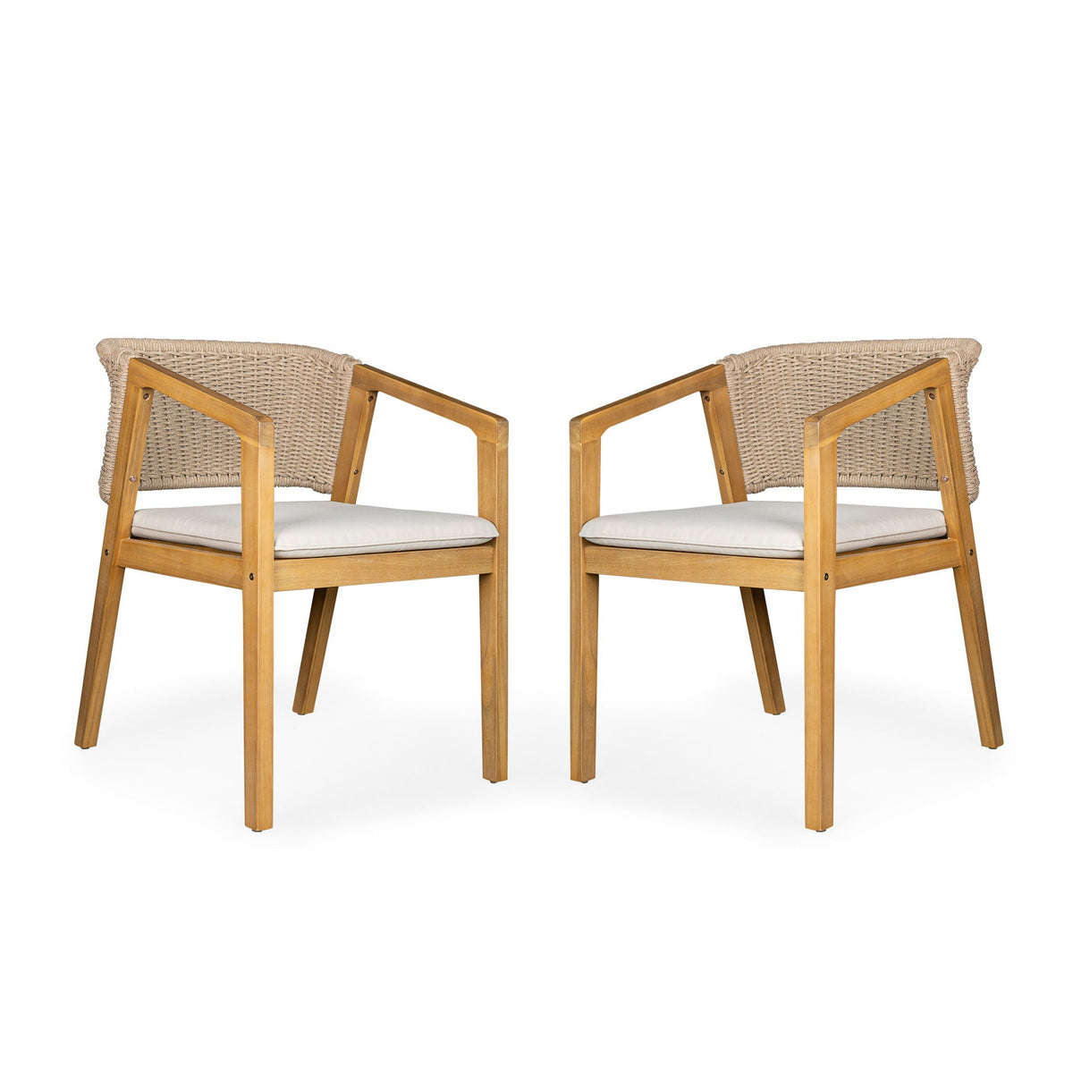 Light Teak Patio Dining Chair Set of 2 with Rope-Design Backrest - Outdoor