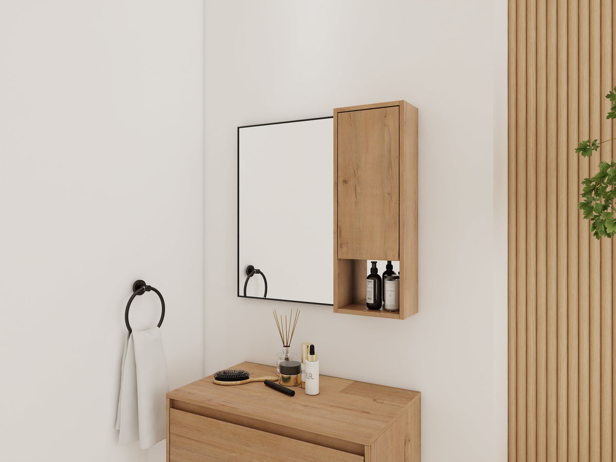 Imitative Oak Wall Mounted Bathroom Mirror Cabinet with Soft Close Door