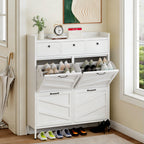 White Steel Shoe Cabinet with Flip Drawers - Adjustable Dividers