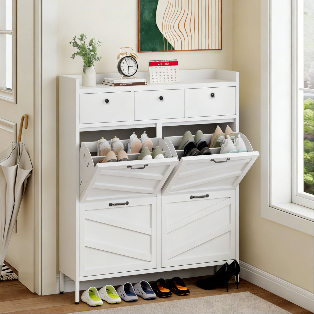 White Steel Shoe Cabinet with Flip Drawers - Adjustable Dividers