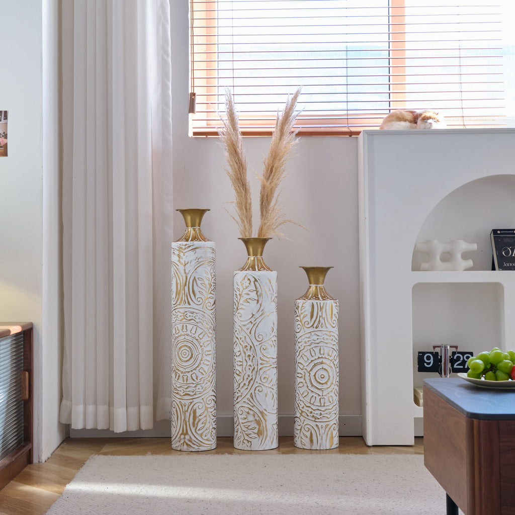 White / Gold Metal Floor Vases Set of 3 with Durable Modern Design