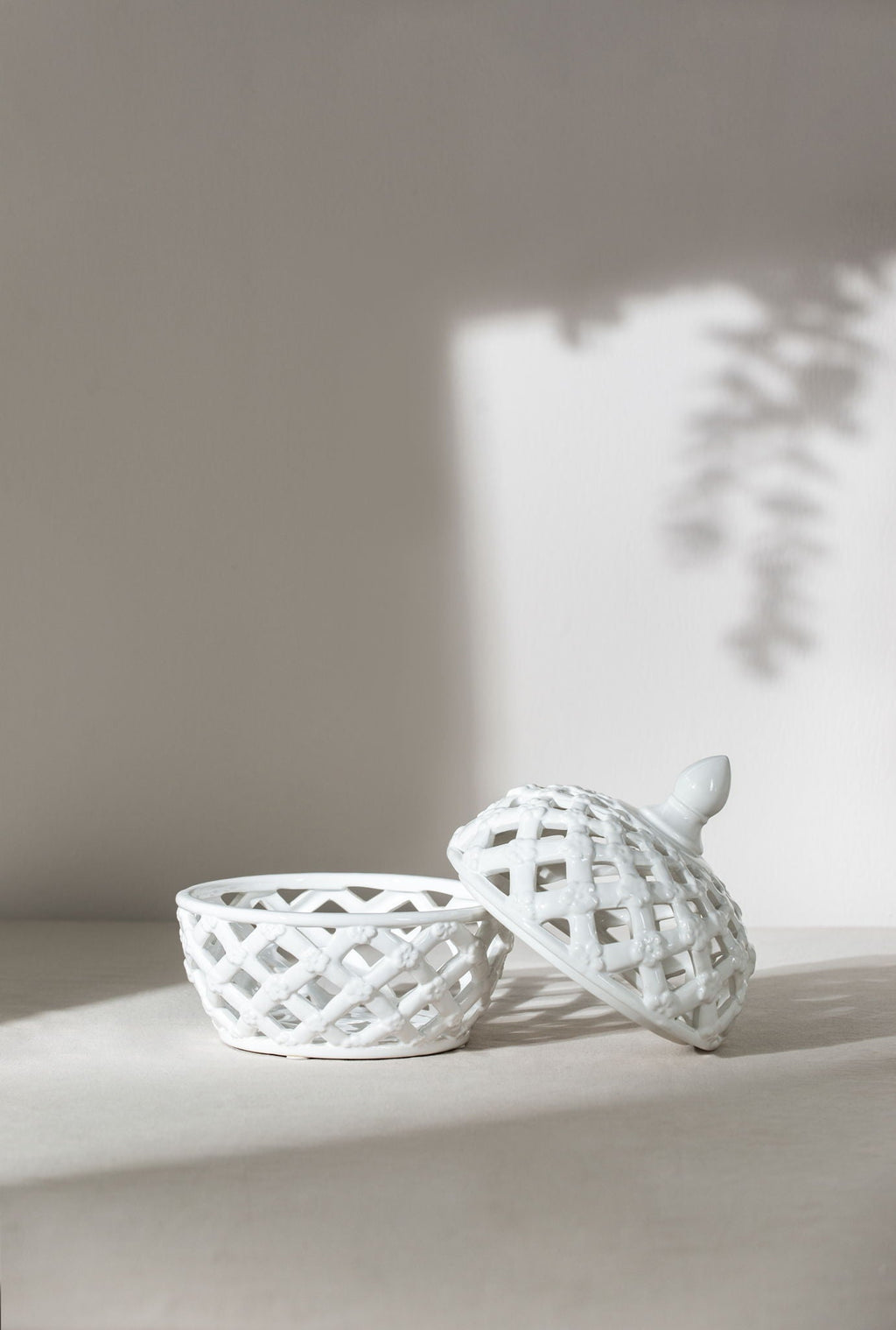 Ceramic Lidded Jar with Lattice Design - White