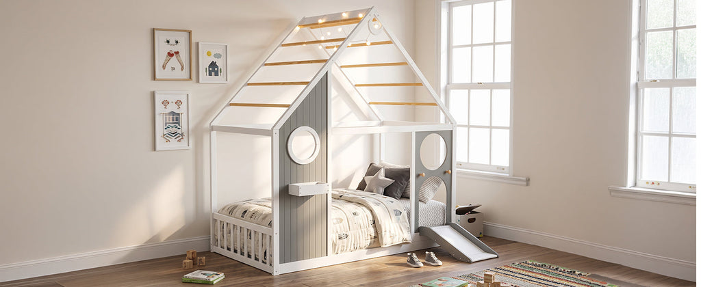 Twin House Bed with Slide and Ball Light Strip - Gray