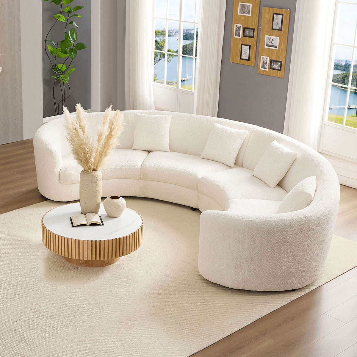 Classic Curved Tight Back Sofa with 4 Pillows - Polyester Upholstery