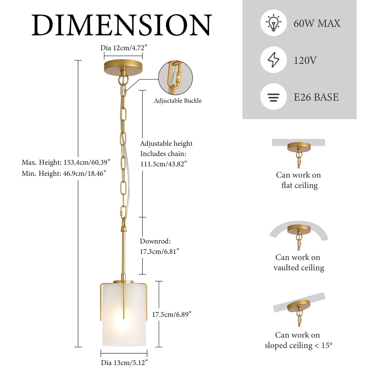 Adjustable Cylindrical Pendant Light with Frosted Glass Shade - Black or Gold