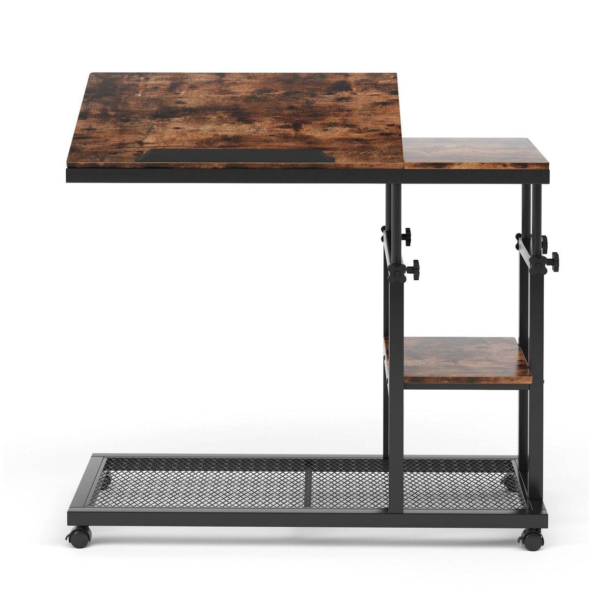C-Shaped Adjustable End Table with Tilting Top and Storage - Brown / Black