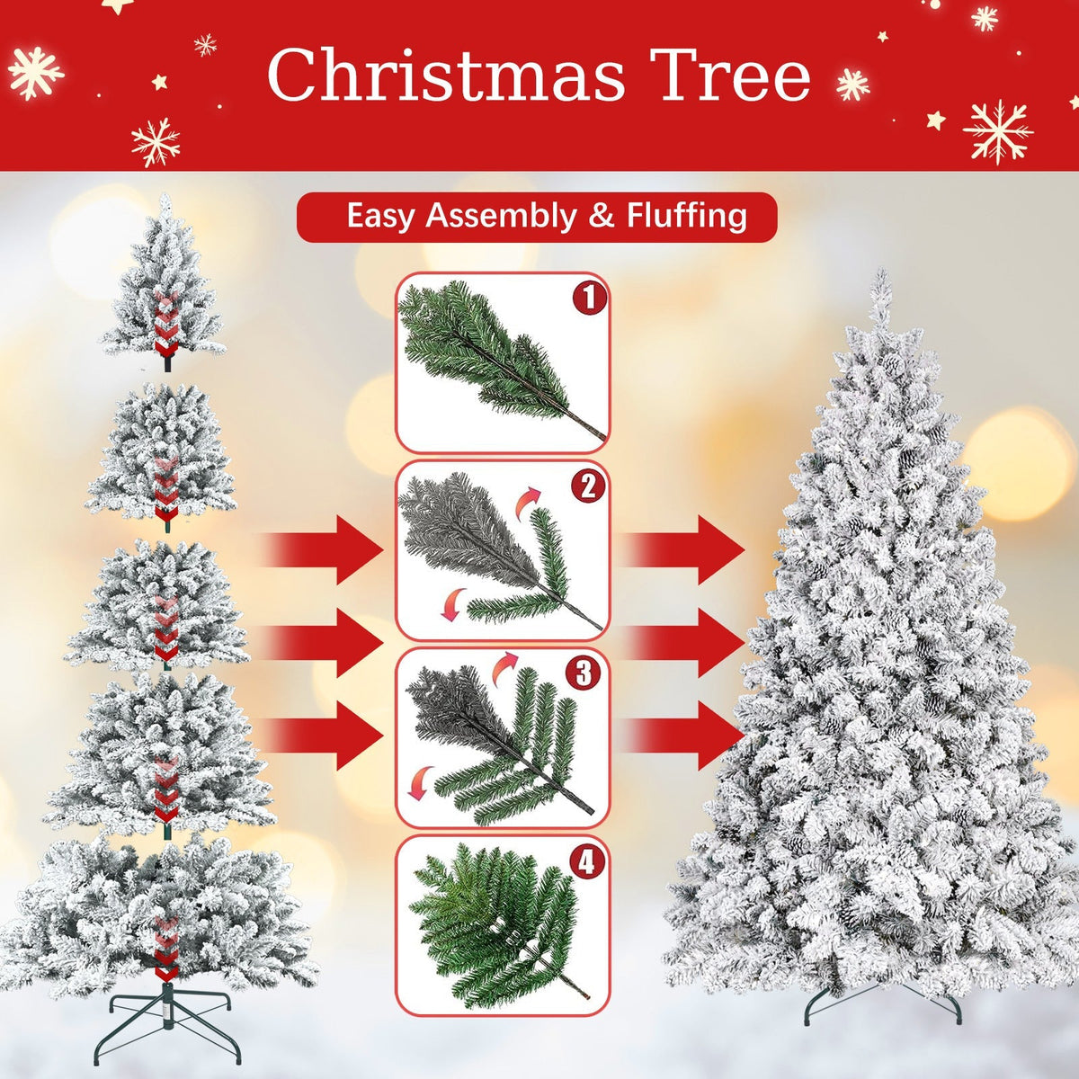 4FT Flocked Christmas Tree with Pine Cones and Snowy PVC Design