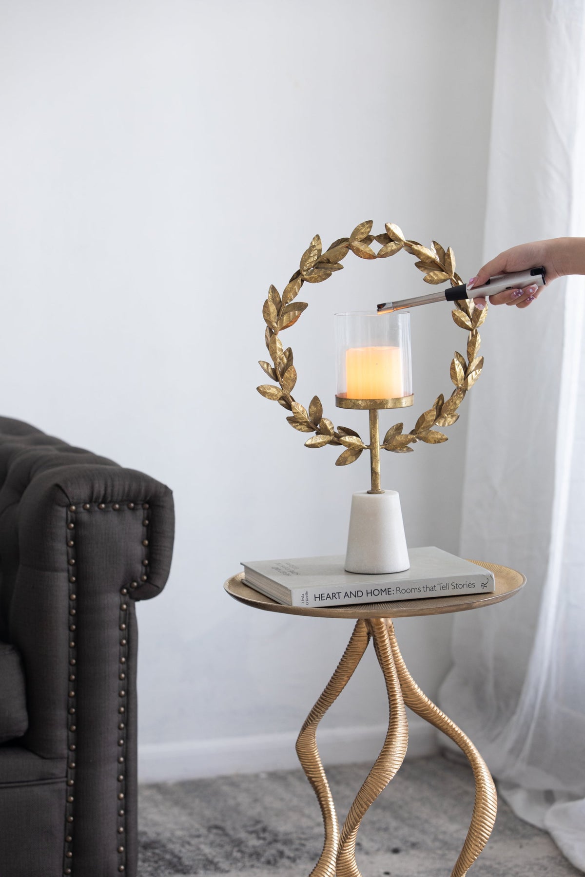 Iron Floral Hurricane Table Lamp with Marble Base - Gold & White