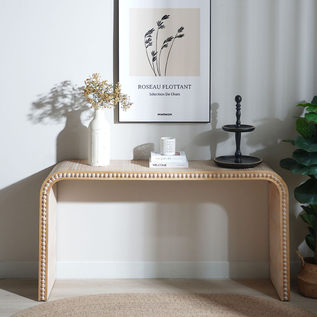 Waterfall Console Table with Seamless Curved Design - Light Brown, White, Black