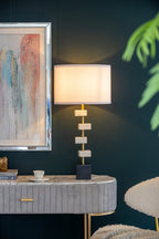 White Marble Table Lamp with Brass Frame and Fabric Shade - 15" W x 30" H