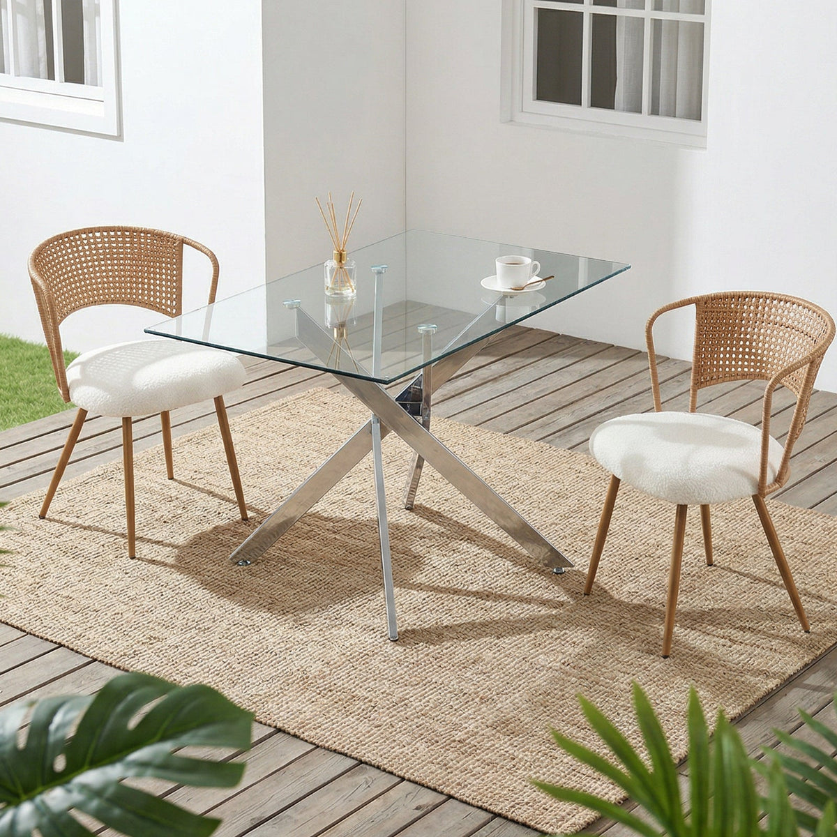 Wicker Dining Chairs - 2-Piece Set with Cushioned Cane Back - Brown