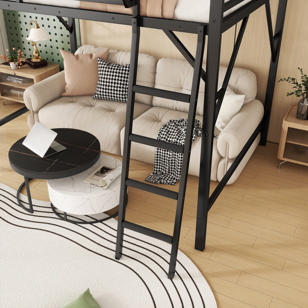 Full Size Loft Bed with Ladder and Storage Shelves - Black Metal