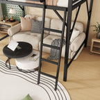 Full Size Loft Bed with Ladder and Storage Shelves - Black Metal