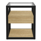 Modern End Table with Drawer - Natural Wood & Tempered Glass