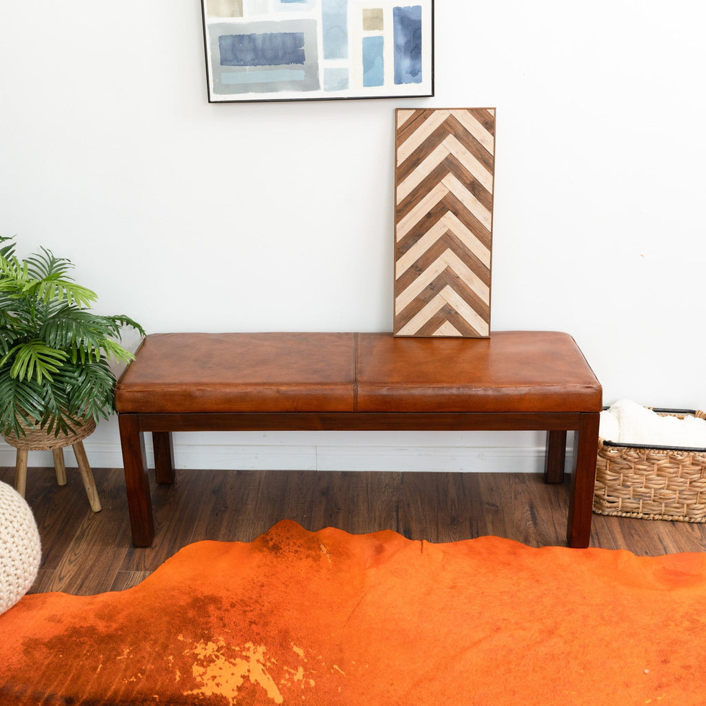 Antique Brown Upholstered Bench with Solid Wood Frame - Brown