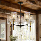5 Light Textured Glass Chandelier with Adjustable Height - Black & Gold