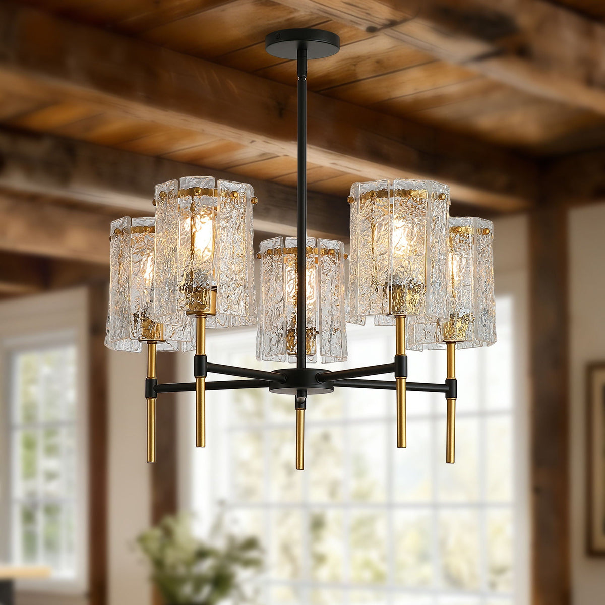 5 Light Textured Glass Chandelier with Adjustable Height - Black & Gold
