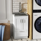 Deluxe Laundry Cabinet with Pull-Out Faucet and Stainless Steel Sink - White